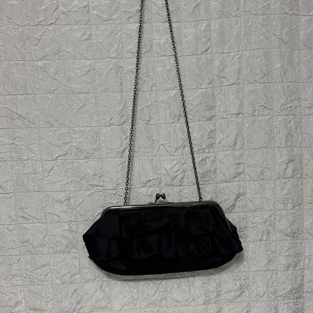 Sophisticated Black Ruffled Clutch with Chain Strap